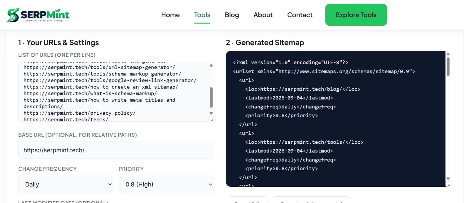 SERPMint's free Schema Markup Generator displaying copy-ready JSON-LD structured data for a LocalBusiness