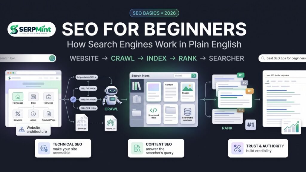 SEO for beginners showing how search engines crawl index and rank
