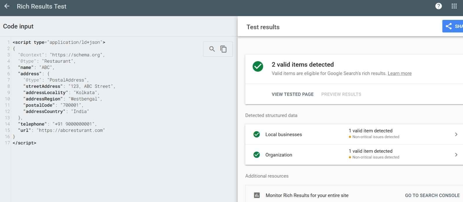 Google Rich Results Test confirming the LocalBusiness schema markup is valid and eligible for rich results