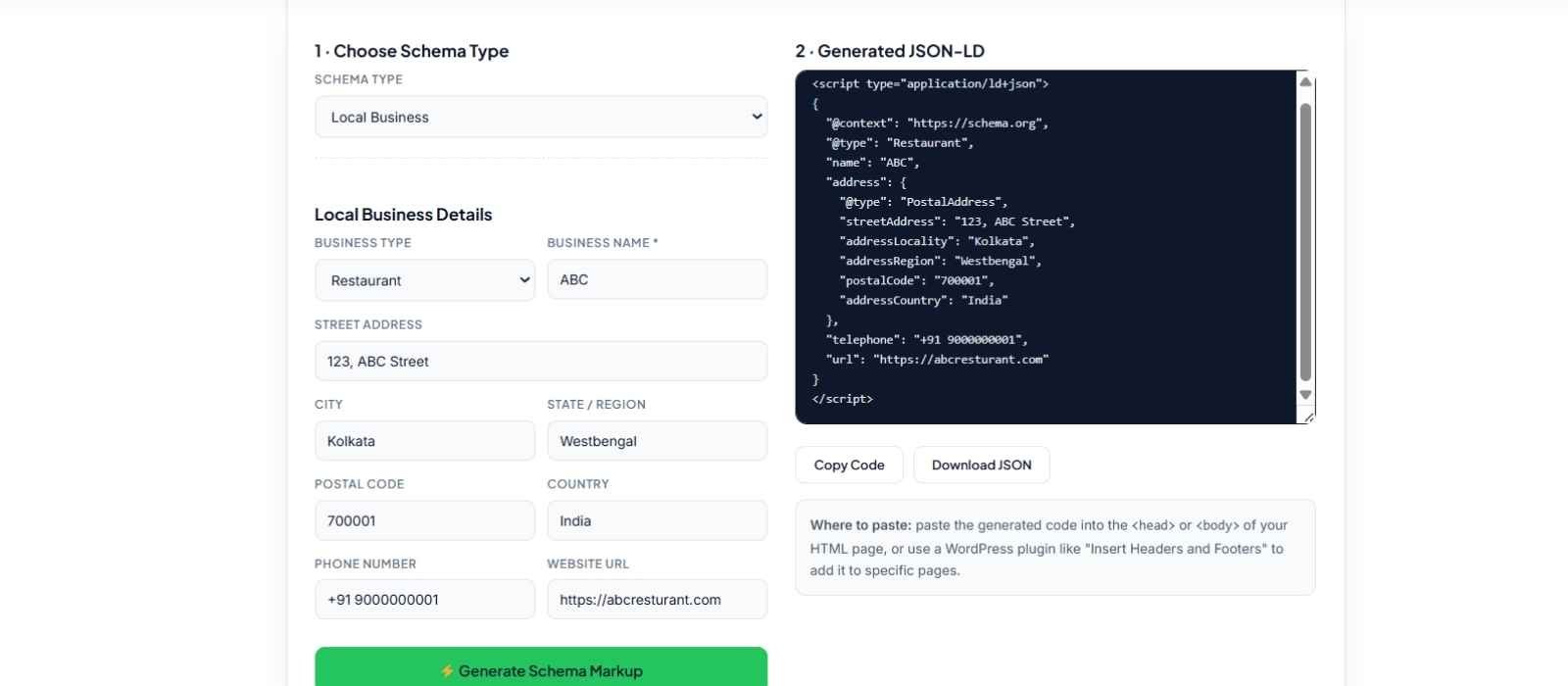 SERPMint's free Schema Markup Generator displaying copy-ready JSON-LD structured data for a LocalBusiness