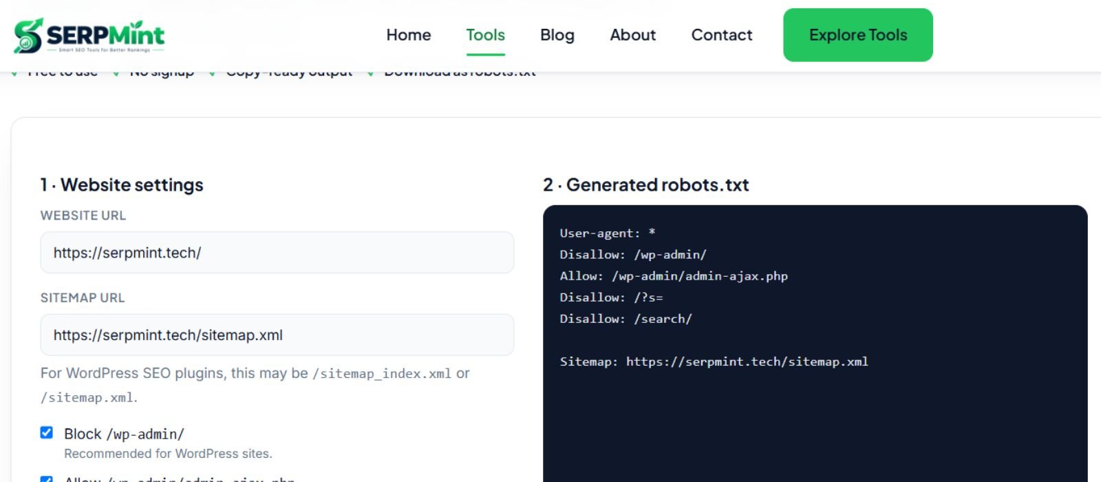 SERPMint's free Schema Markup Generator displaying copy-ready JSON-LD structured data for a LocalBusiness